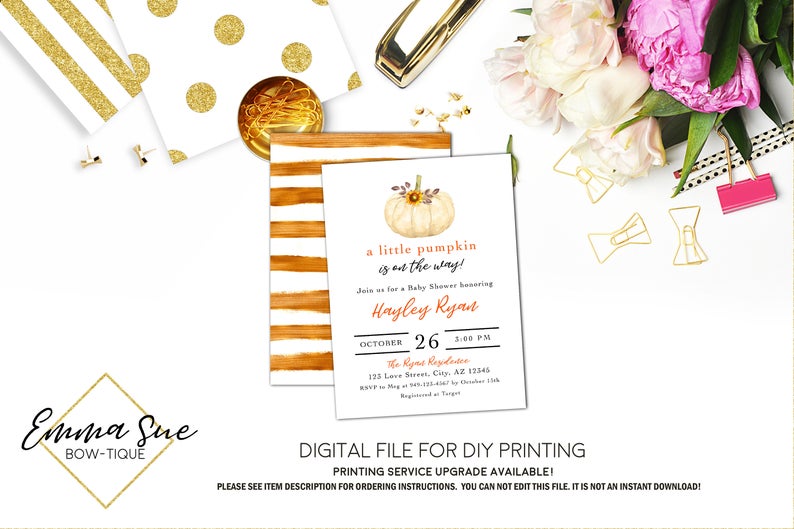 A little Pumpkin is on the way - Fall Baby Shower Invitation- Digital Printable File (Baby-pumpkinclassic)