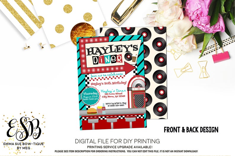 Retro 50's Diner Sock Hop Birthday Party Invitation Printable - Digital File  (retro-diner)