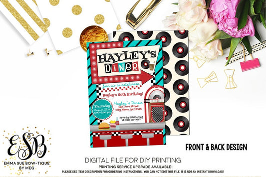 Retro 50's Diner Sock Hop Birthday Party Invitation Printable - Digital File  (retro-diner)