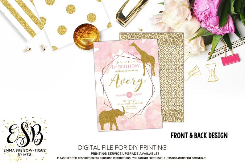 Wild Animal - Giraffe & Elephant Girl's Pink & Gold Safari Birthday Party Invitation Printable - Digital File (Safari-pnkwatercolor)
