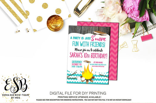Girl's S'more Fun with Friends - Pink and Teal Chevron Birthday Party invitation Printable - Digital File  (smore-chevtteal)