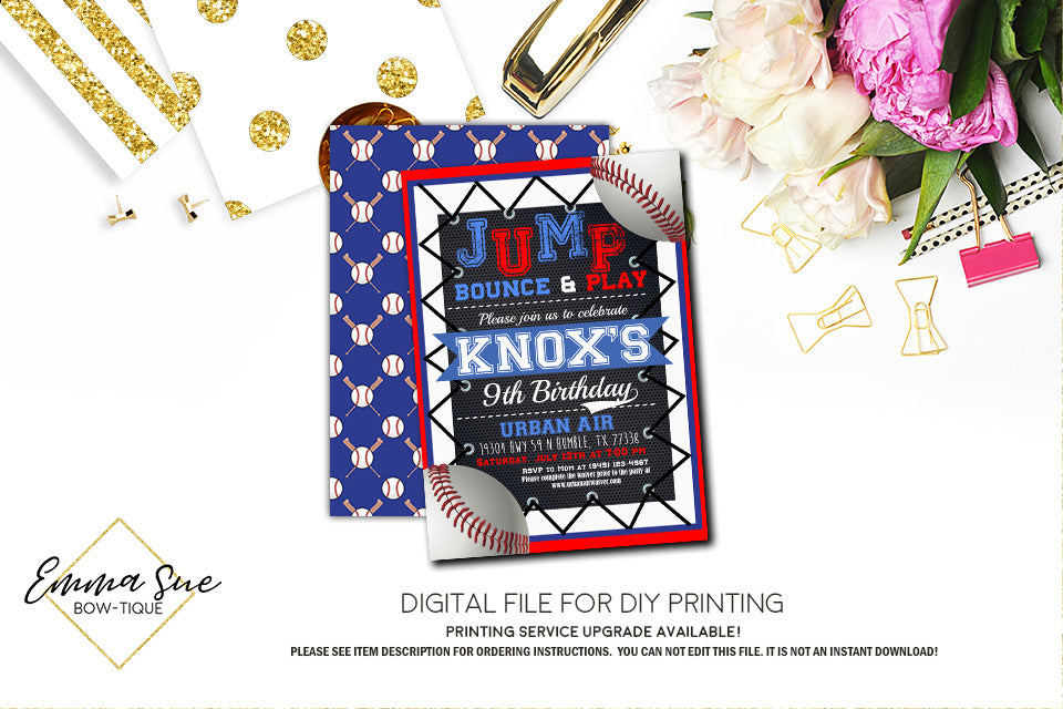 Baseball Jump Trampoline Park Kid's Birthday Invitation - Digital File Printable (TRAMP-baseball)