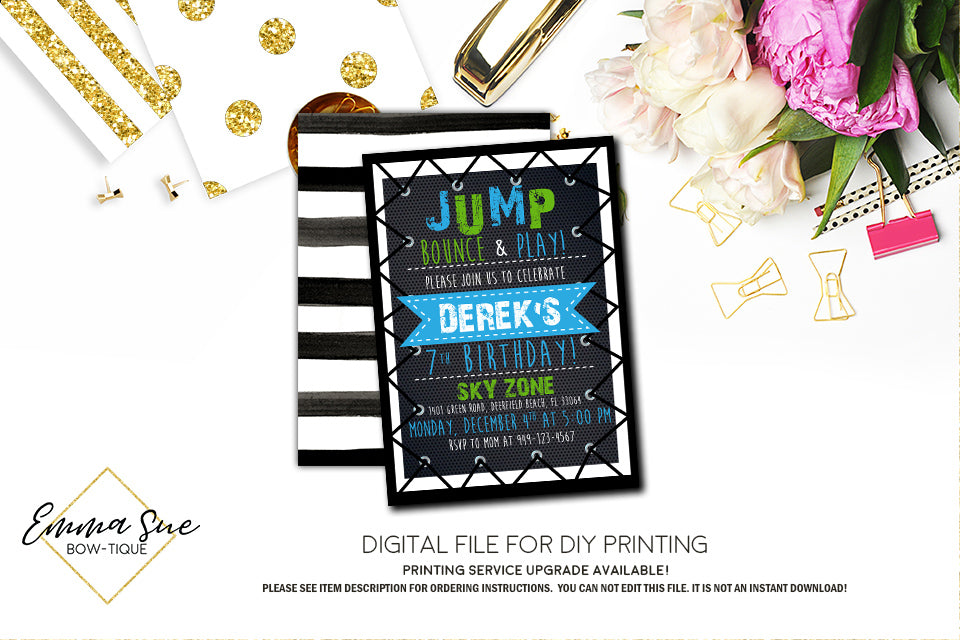 Jump Trampoline Park Kid's Birthday Invitation - Digital File Printable (TRAMP-boy13)