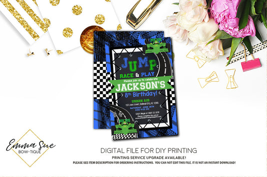 Race car Jump Trampoline Park Kid's Birthday Invitation - Digital File Printable (TRAMP-racecar)