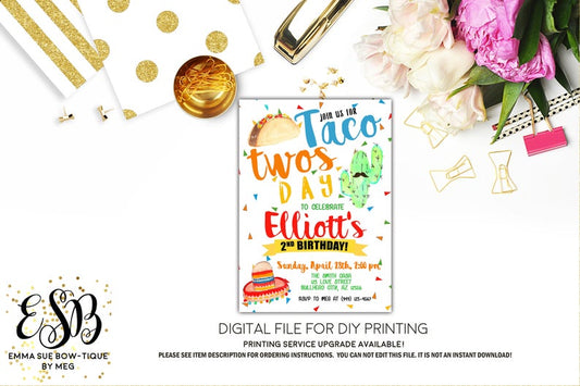 Taco Twos-day 2nd Birthday Party Invitation Printable - Digital File (taco-tuesdayboy)