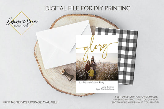 Glory to the newborn King - Religious Gold Foiled Christmas Card Black and white buffalo Check - Family Photo card - Digital File
