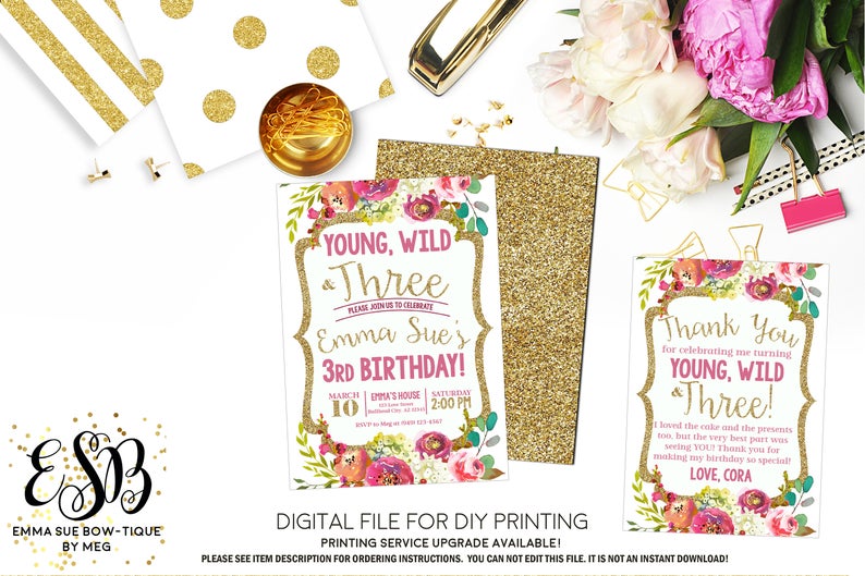 Young Wild and Three Fall Floral Wildflower Birthday Party invitation Printable - Digital File (Three-wildfallflower)