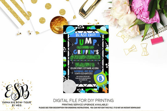 Blast Off Outer Space - Jump Trampoline Park Kid's Birthday Invitation - Digital File Printable (TRAMP-outerspace)