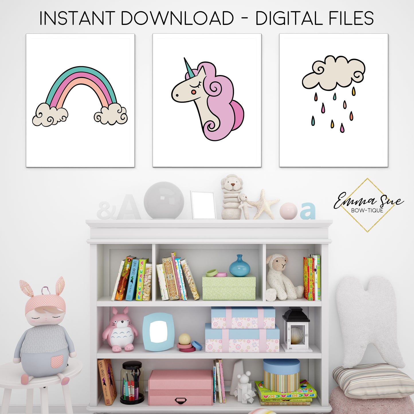 Unicorn Rainbow and Rain Cloud Doodle Art - Kid's Room Or Baby Nursery Printable Wall Art - Digital File