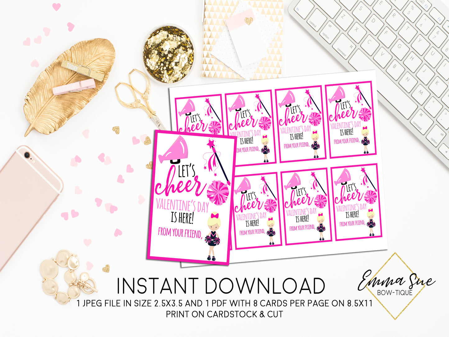 Pink Cheerleader - Let's Cheer Valentine's Day is here - Valentine's Day Card Printable - Digital File