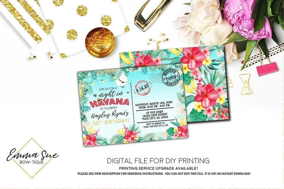 A night in Havana - Postcard Havana Nights Tropical Birthday invitation Printable - Digital File (Havana-retro)