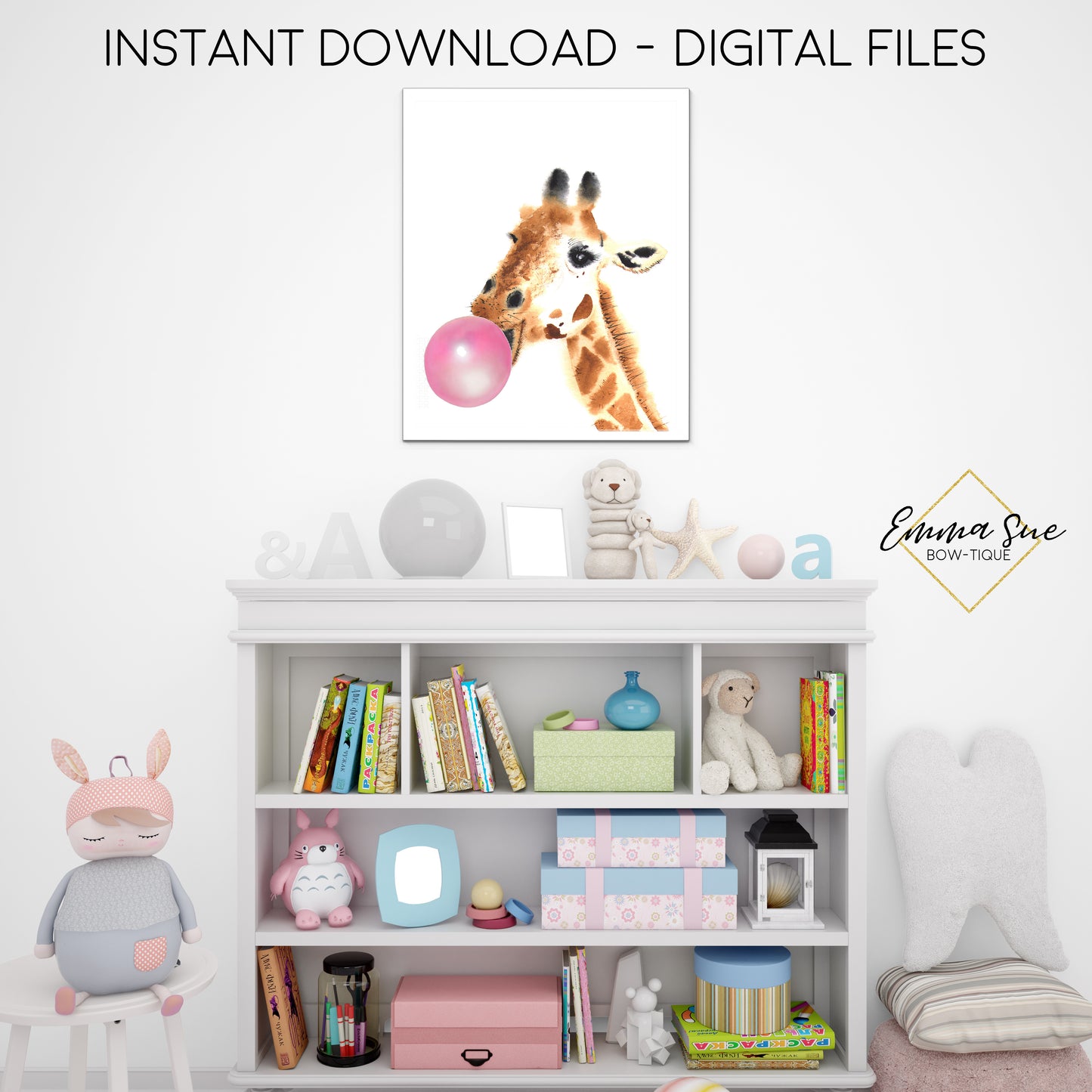 Watercolor Bubble Gum Giraffe Zoo Animal - Kid's Room Or Baby Nursery Printable Wall Art - Digital File