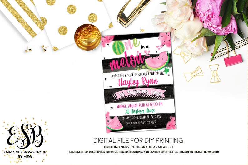 Black and White Stripe Watermelon 1st Birthday - One in a Melon Invitation - Digital File Printable (watermelon-onestripeblk)