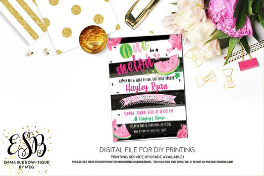 Black and White Stripe Watermelon 1st Birthday - One in a Melon Invitation - Digital File Printable (watermelon-onestripeblk)