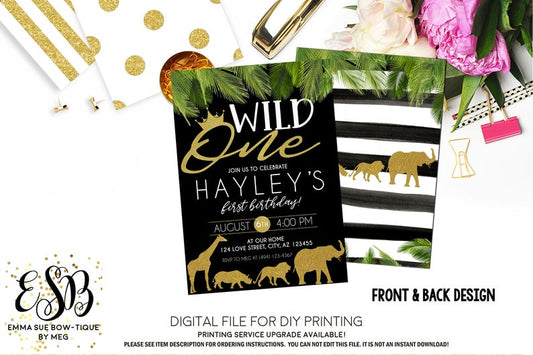 Boy's Wild One Jungle Safari - 1st Birthday Party invitation Printable - Digital File  (Wild-oneboyBlk)