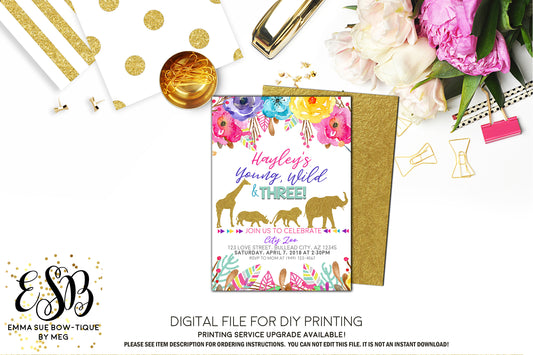 Jungle Safari Animal - Young Wild and Three - Zoo Birthday Party invitation Printable - Digital File (wild-three)