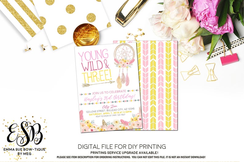 Young Wild and Three Dreamcatcher Boho Birthday Party invitation Printable - Digital File (YWT-dream2017)