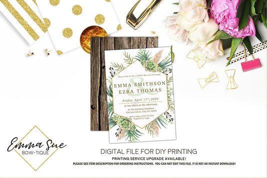 Bridal Shower Succulent Pampas Grass Cactus Invitation - Digital Printable File (bridal-succulentboy)