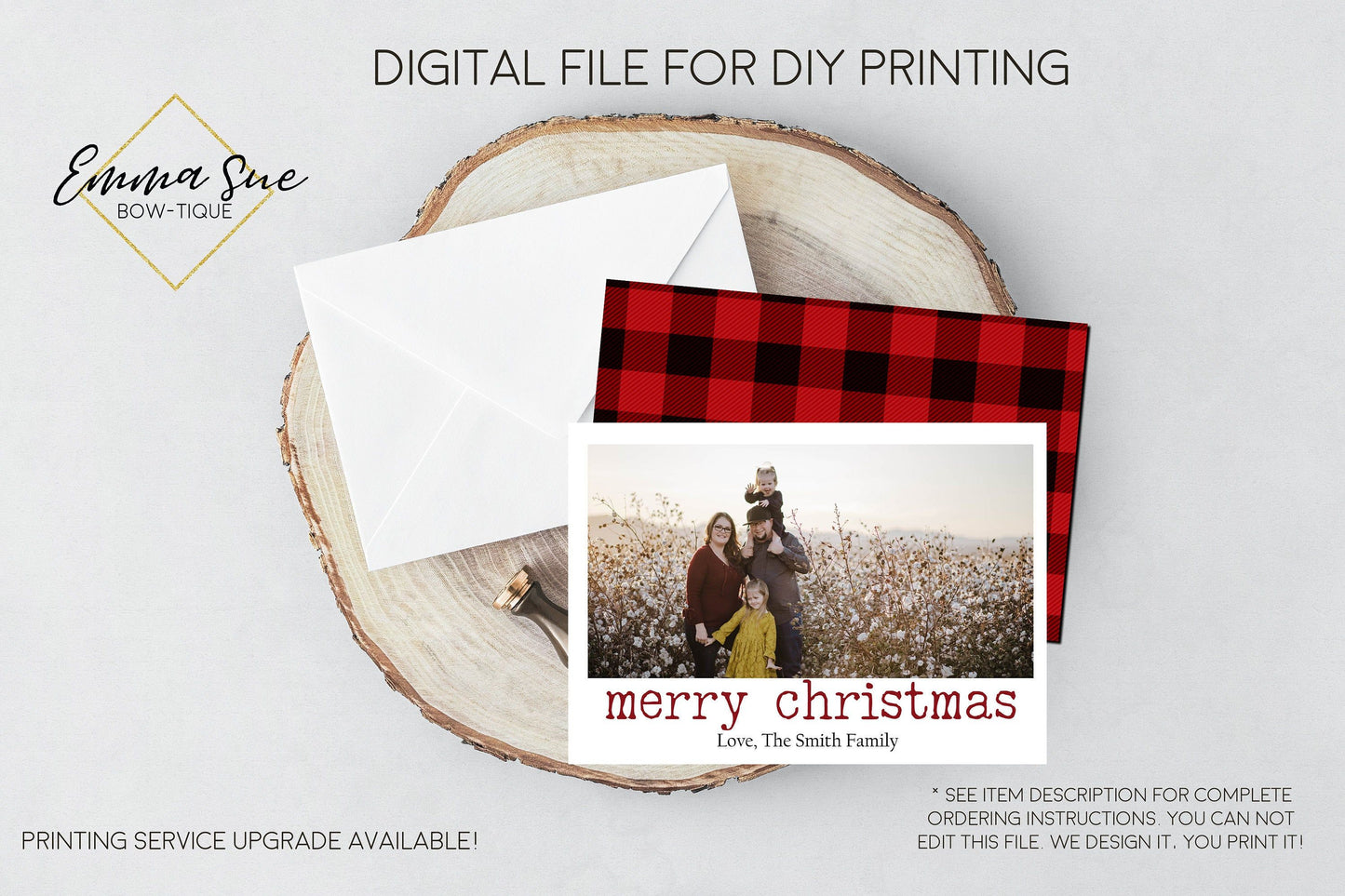Merry Christmas - Plaid Christmas Card Red & Black Buffalo Check - Family Photo card - Digital File