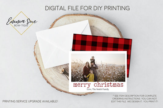 Merry Christmas - Plaid Christmas Card Red & Black Buffalo Check - Family Photo card - Digital File