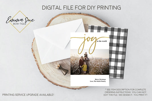Joy to the World - Religious Gold Foiled Christmas Card Black and white buffalo check - Family Photo card - Digital File