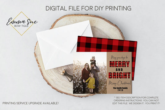 Merry & Bright - Kraft Paper Plaid Christmas Card Red & Black Buffalo Check - Family Photo card - Digital File
