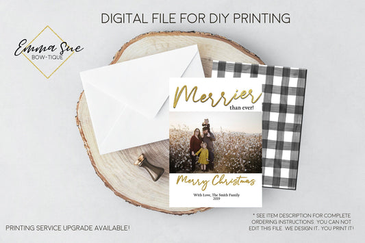 Merrier than ever - Gold Foiled Christmas Card Black and white buffalo check - Family Photo card - Digital File