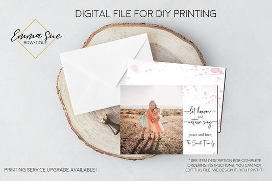 Let Heaven and Nature Sign - Pink Watercolor Religious Christmas Card - Family Photo card - Digital File