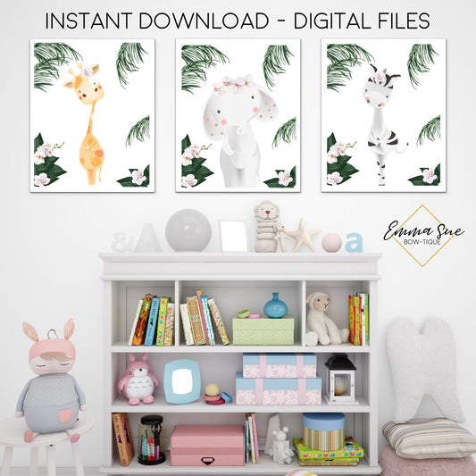 Floral Jungle Safari Animals - Giraffe Elephant Zebra -  Girl's Playroom or Nursery Printable Wall Art Sign- Digital File