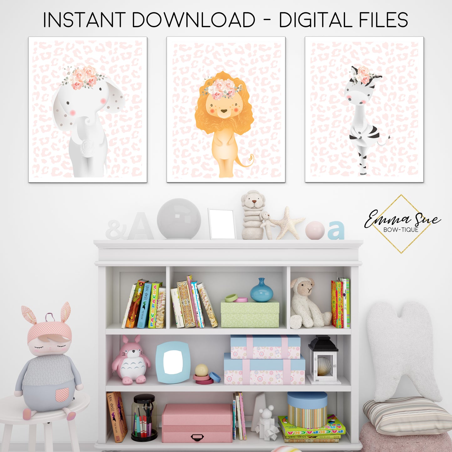 Jungle Safari Animals - Zebra Elephant Lion Blush Leopard Print - Girl's Playroom or Nursery Printable Wall Art Sign- Digital File