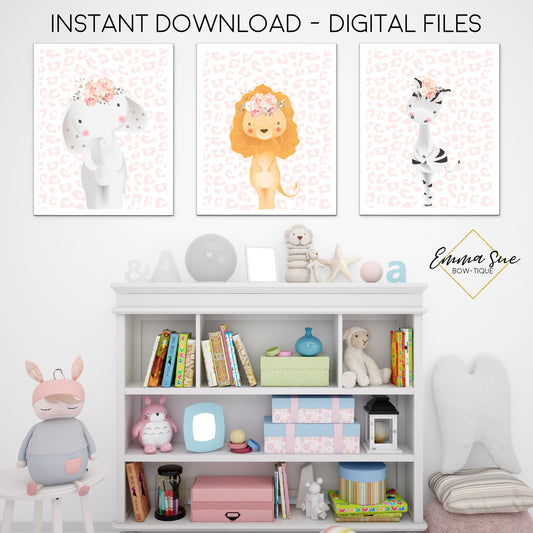 Jungle Safari Animals - Zebra Elephant Lion Blush Leopard Print - Girl's Playroom or Nursery Printable Wall Art Sign- Digital File