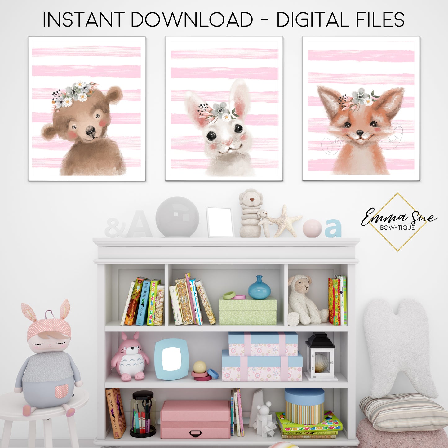 Woodland Forest Animals with Flowers Watercolor Signs - Bunny Fox Bear - Baby Girl Playroom or Nursery Printable Wall Art Sign- Digital File