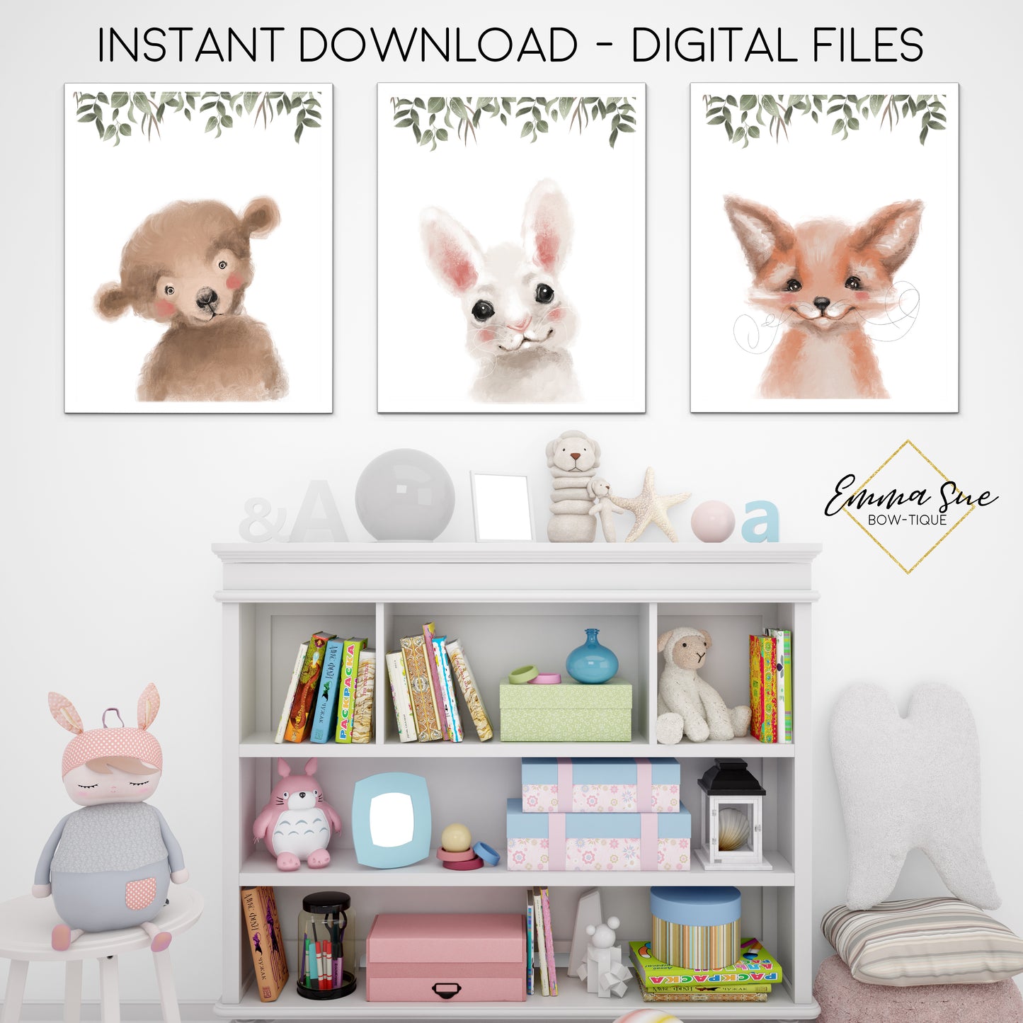 Woodland Forest Animals & Greenery Watercolor Signs - Bunny Fox Bear - Playroom or Nursery Printable Wall Art Sign- Digital File