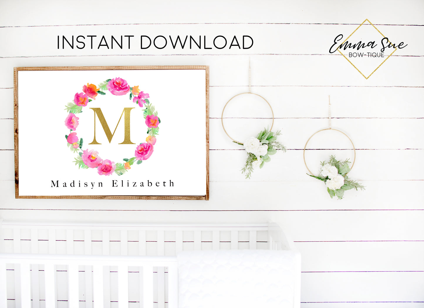 Watercolor Pink Avonlea Floral Wreath Personalized Gold Monogram Baby Name Sign - Kid's Room Or Nursery Printable Wall Art - Digital File (Name-Avonleawreath)