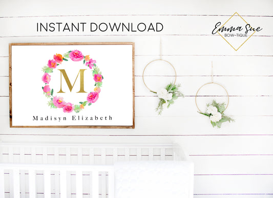 Watercolor Pink Avonlea Floral Wreath Personalized Gold Monogram Baby Name Sign - Kid's Room Or Nursery Printable Wall Art  - Digital File (Name-Avonleawreath)