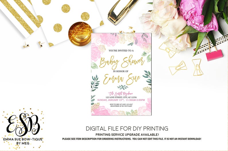 Watercolor Blush Floral Greenery - Girl's Baby Shower Invitation- Digital Printable File  (Baby-blushroses)