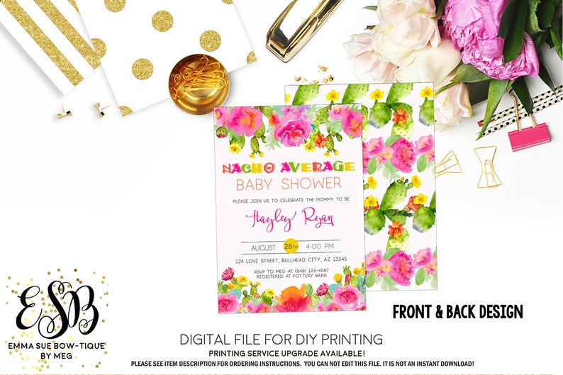 Nacho Average Baby Shower - Succulent and cactus Fiesta Invitation- Digital Printable File (Baby-nacho)