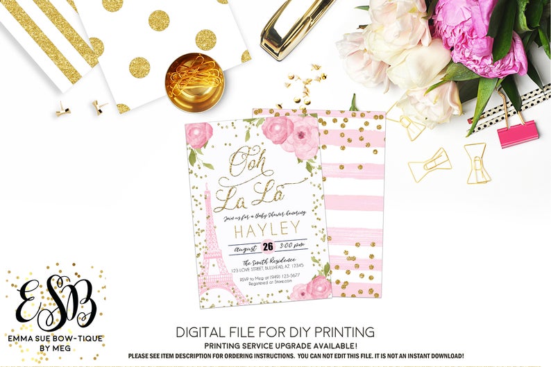 Ooh La La - Paris France Eiffel Tower Pink Baby Girl Baby Shower Invitation- Digital Printable File (Baby-paris)