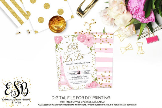 Ooh La La - Paris France Eiffel Tower Pink Baby Girl Baby Shower Invitation- Digital Printable File (Baby-paris)