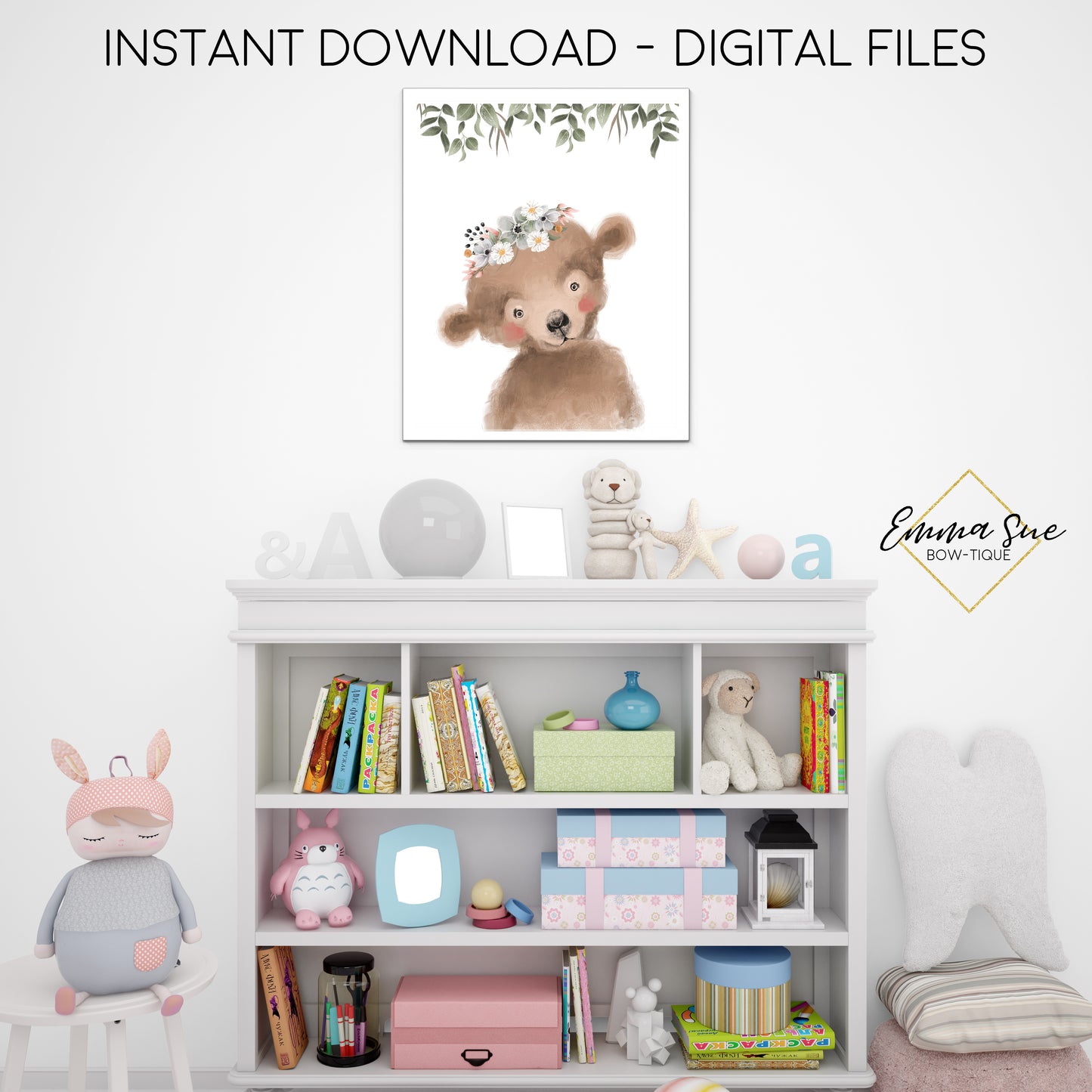 Floral Woodland Bear Wall Art - Nursery, Playroom, Bedroom Printable Sign - Digital File - Instant Download