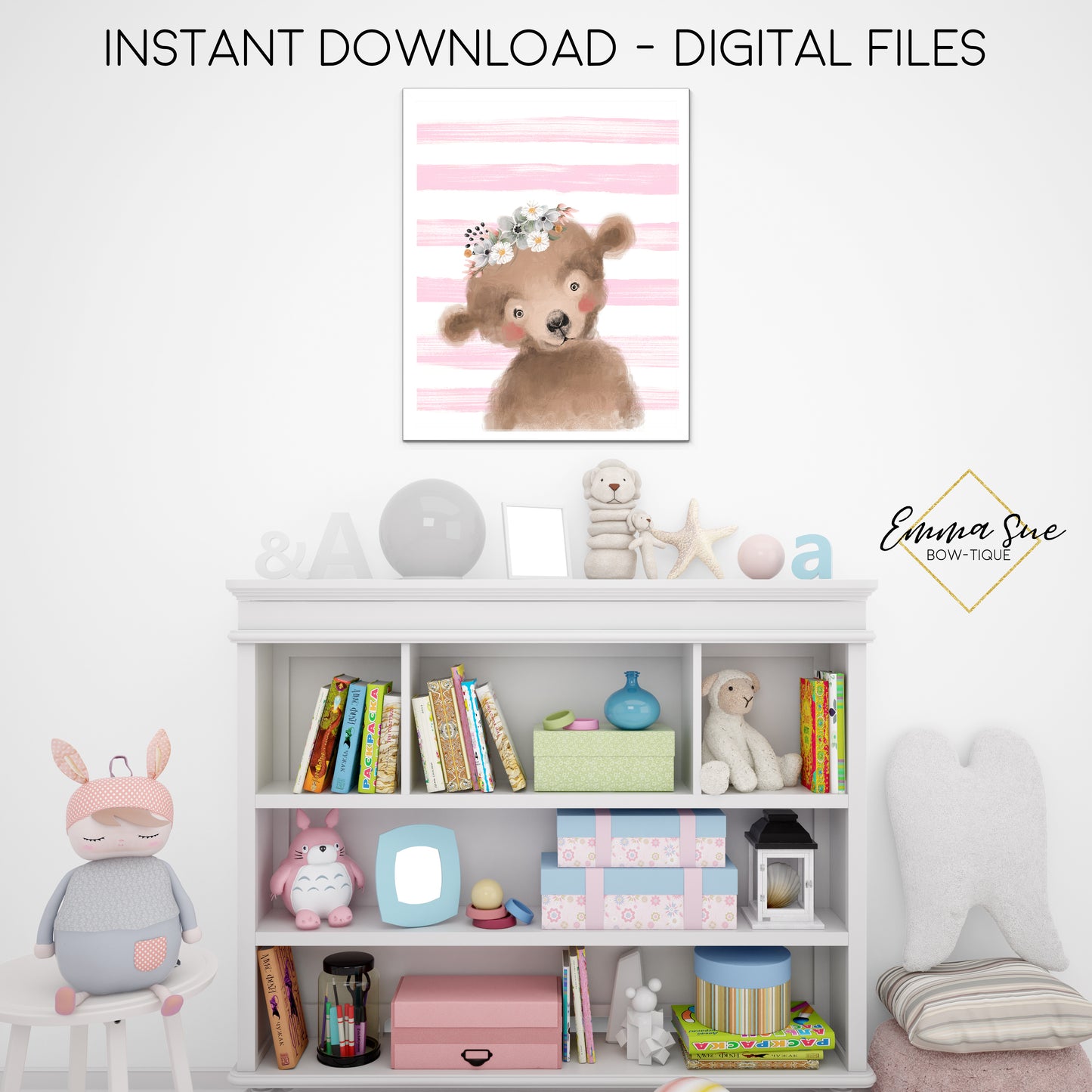Woodland Bear with Blush Stripes Wall Art - Nursery, Playroom, Bedroom Printable Sign - Digital File - Instant Download