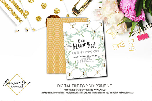 Bumble Bee 1st Birthday Vintage Greenery Invitation - Digital File Printable (Bee-vintage)