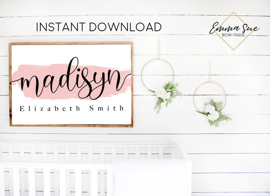 Blush Watercolor Personalized Script Monogram Baby Name Sign - Kid's Room Or Nursery Printable Wall Art  - Digital File (Name-Blush3Stroke)