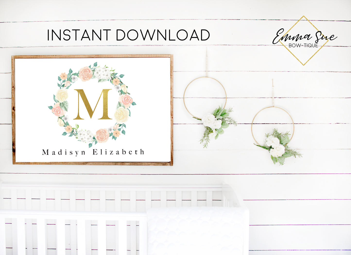 Watercolor Blush Floral Wreath Personalized Gold Monogram Baby Name Sign - Kid's Room Or Nursery Printable Wall Art - Digital File (Name-Blushwreath)