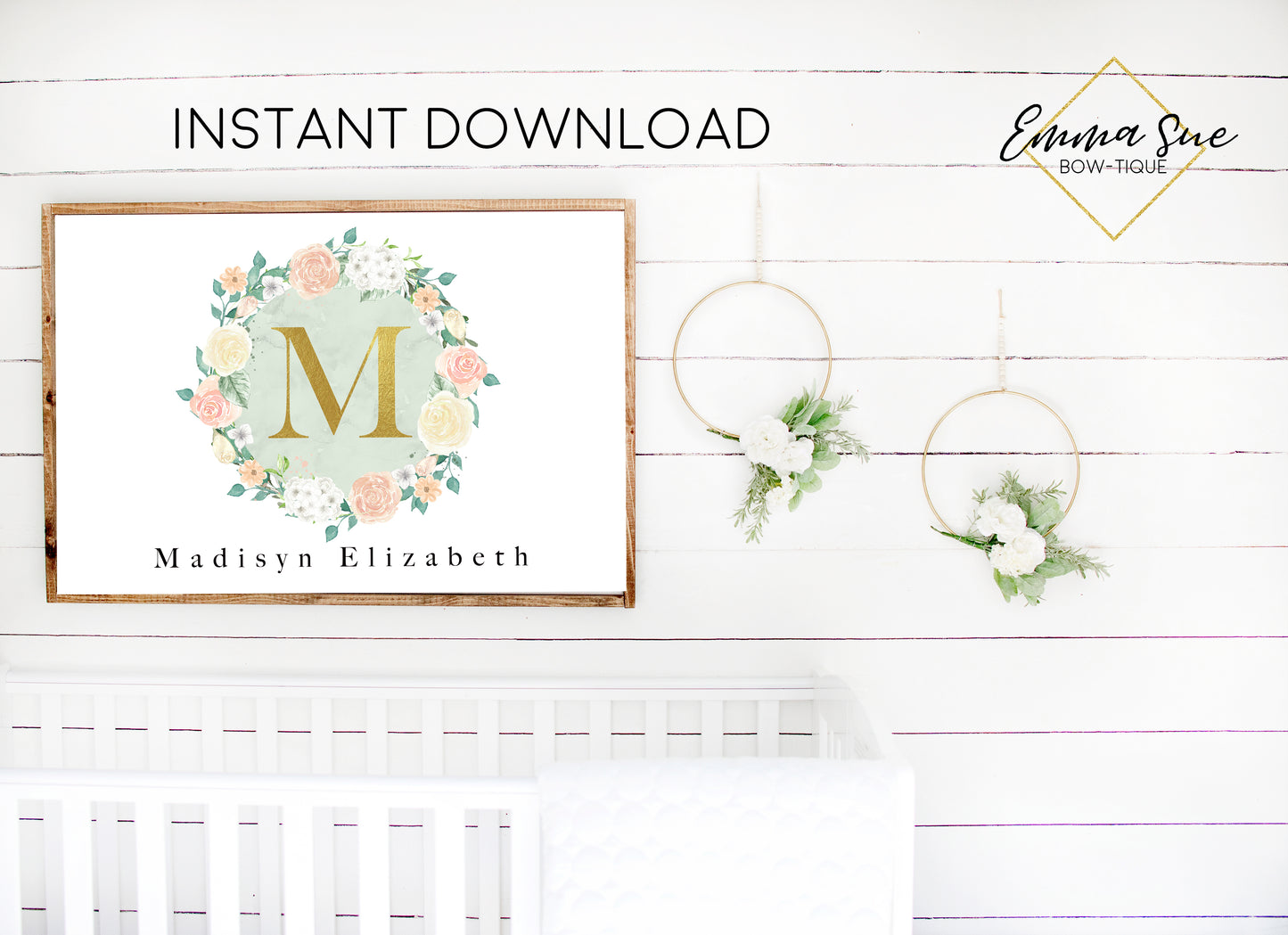 Watercolor Blush Mint Floral Wreath Personalized Gold Monogram Baby Name Sign - Kid's Room Or Nursery Printable Wall Art - Digital File (Name-BlushMintwreath)