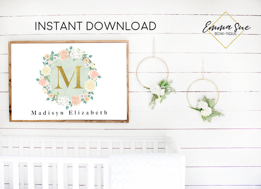 Watercolor Blush Mint Floral Wreath Personalized Gold Monogram Baby Name Sign - Kid's Room Or Nursery Printable Wall Art  - Digital File (Name-BlushMintwreath)