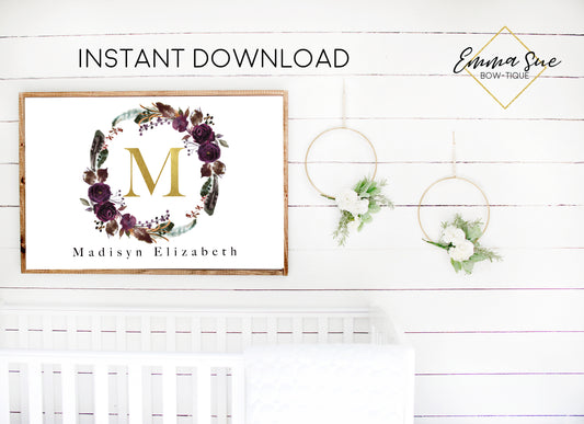 Boho Watercolor Plum Purple Floral Wreath Personalized Gold Monogram Baby Name Sign - Kid's Room Or Nursery Printable Wall Art  - Digital File (Name-Bohowreath)