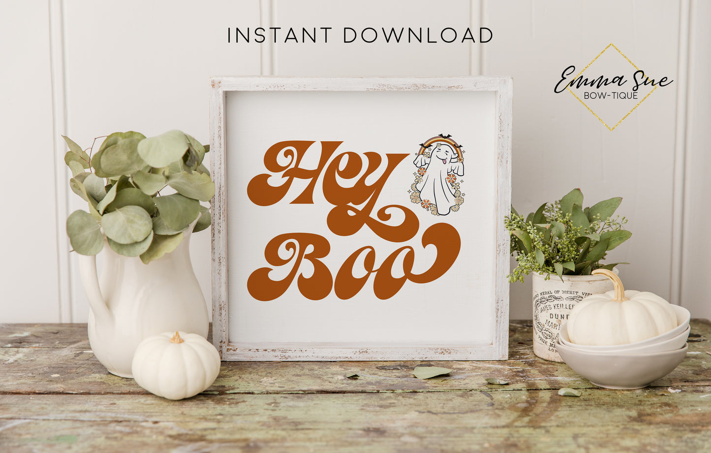 Retro Ghost Hey Boo - Halloween Fall Decor Printable Sign Retro Boho Style - Digital File