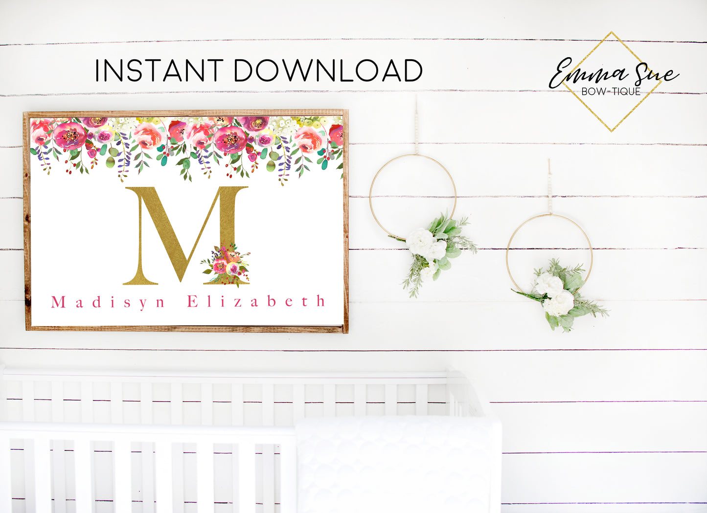 Burgundy & Gold Watercolor Floral Personalized Monogram Baby Name Sign - Kid's Room Or Nursery Printable Wall Art - Digital File (Name-BurgMono)