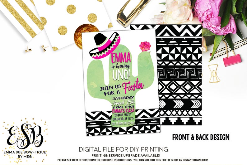 Cactus Uno 1st Birthday Fiesta Birthday Party invitation Printable - Digital File (cactus-unogirl))